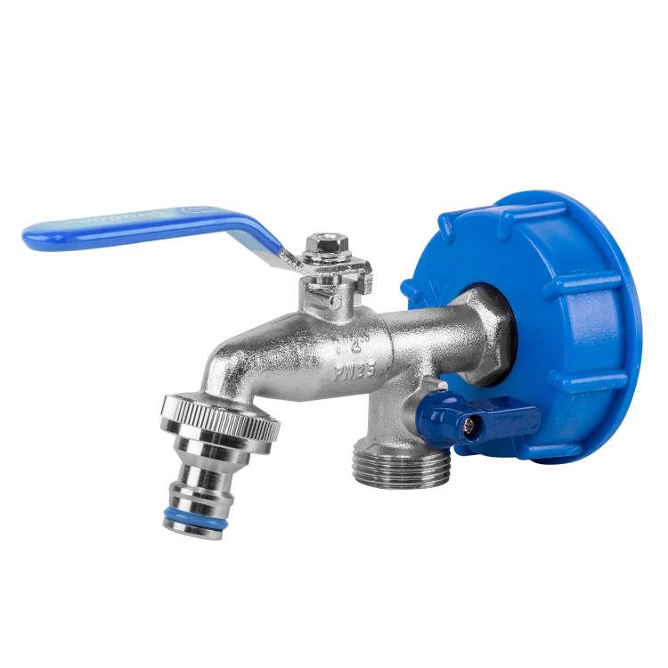 Zestaw - IBC nakrętka S60x6, kran z wyjściami na 2 x GZ 3/4" + 2 nyple wyjściami na 2 x GZ 3/4" + 2 nyple