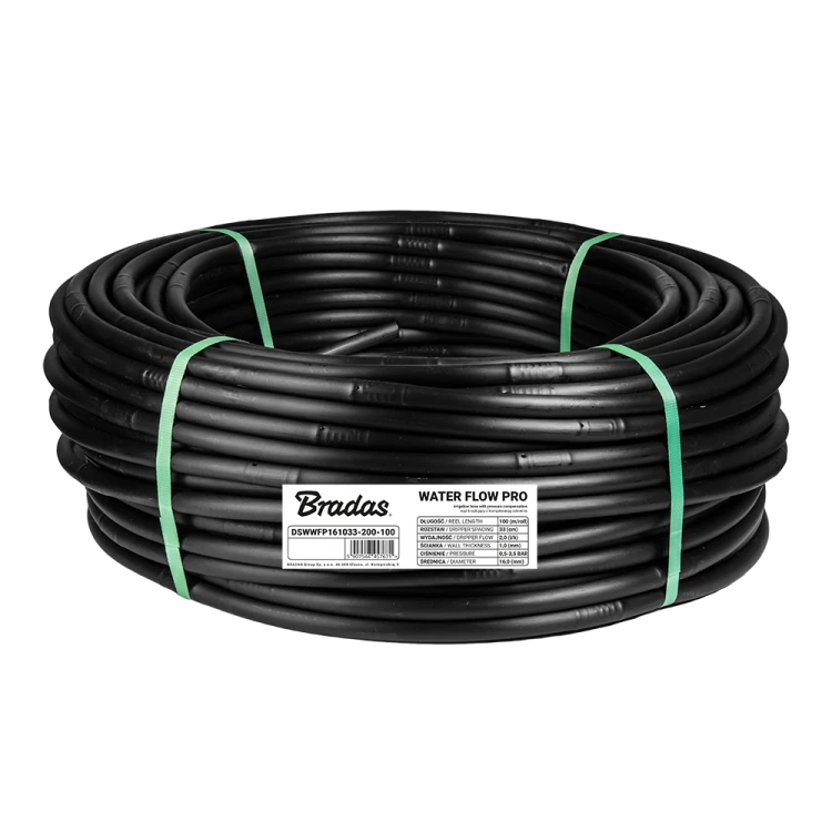 Wąż kroplujący z kompensacją ciśnienia WATER FLOW PRO 16mm / 1,0mm / rozstaw kroplowników - 33cm / 2,0l/h / 100m / czarny