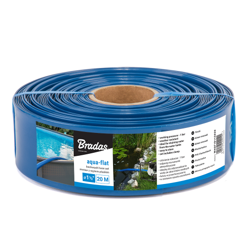 Wąż płaski AQUA - FLAT 1BAR niebieski, opaska w zestawie 1 1/2" - 50m